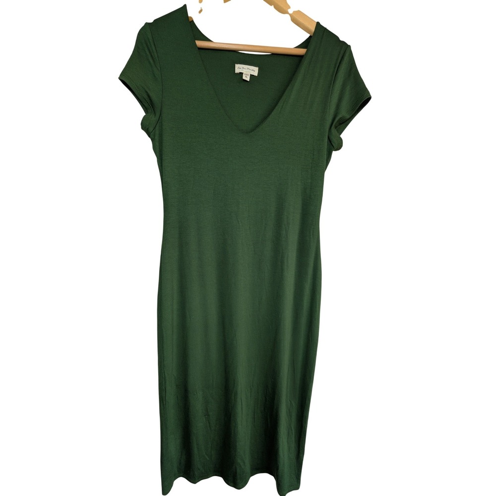 See You Monday LA V Neck Short Sleeve Midi Bodycon Dress XL Hunter Green Rayon